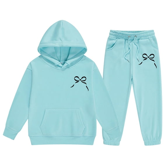 Girls Bowknot 2 Piece Outfits Hoodie Sweatsuit Sets Oversized Tracksuit Winter Fall Fashion Baggy Sweatpant with Pockets,Light Blue 6-7 Years