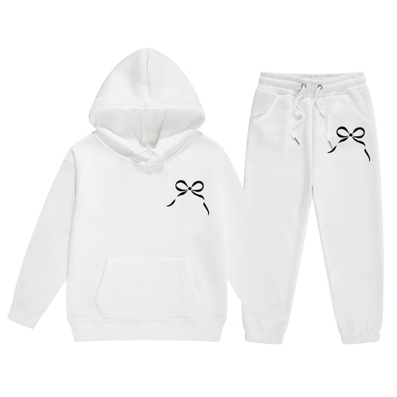 Girls Bowknot 2 Piece Outfits Hoodie Sweatsuit Sets Oversized Tracksuit Winter Fall Fashion Baggy Sweatpant with Pockets,White 2-3 Years
