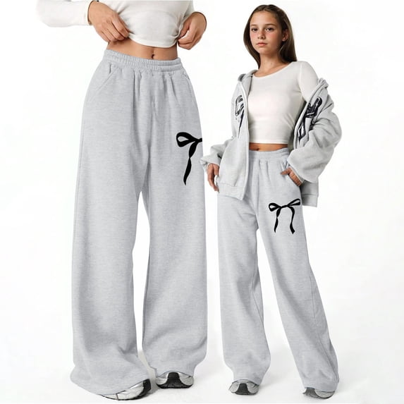 Girls Bowknot Baggy Sweatpants Lightweight Straight Leg Athletic Pants with Pockets Casual Outdoor Daily Wear