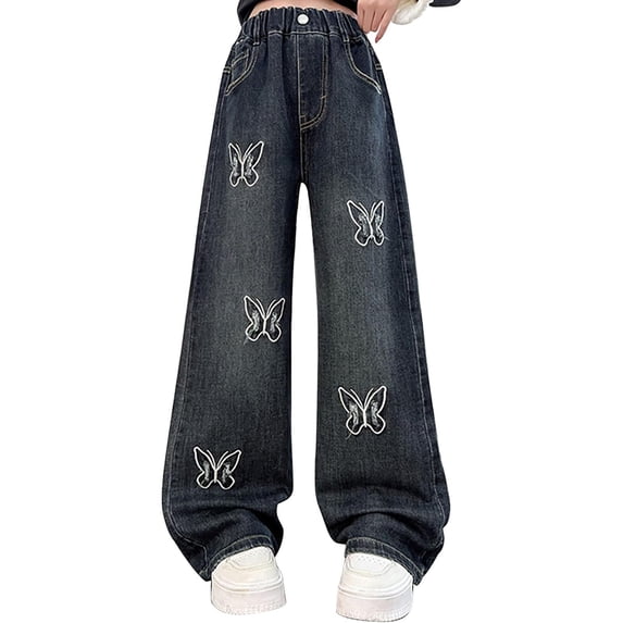 Girls Bowknot Embroidery Denim Pants High Elastic Waisted Wide Straight Leg Jeans with Pockets and Button Teen Girl Clothes
