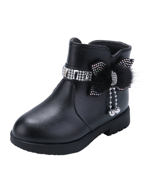 Girls Bowknot Lined Ankle Boots Low Heel Comfortable Little Kid Footwear Non- Sole Warm Winter Casual Dress Shoes