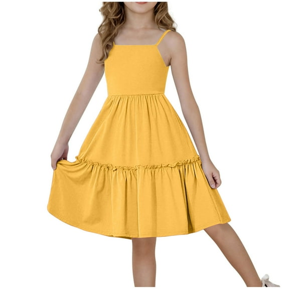Girls Bowknot Tie Back Dress Spaghetti Strap Ruffle Hem Casual Summer Beach Sundress Backless A-Line Swing Midi Dresses