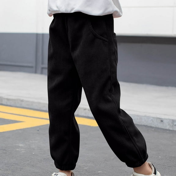 Girls Boy's Casual Elastic Waist Tapered Trousers Long Corduroy Pants School Uniform Pants Black 11-12 Years