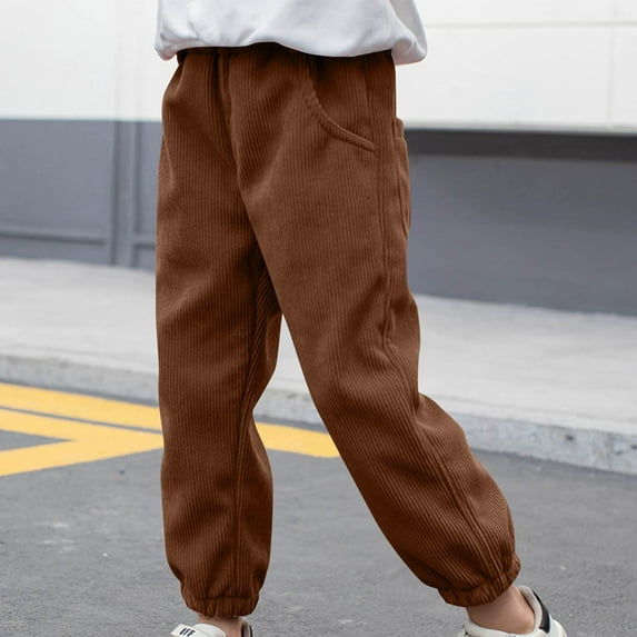 Girls Boy's Casual Elastic Waist Tapered Trousers Long Corduroy Pants School Uniform Pants Coffee 11-12 Years