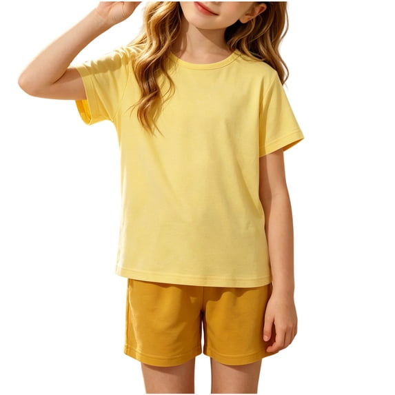 Girls Boys 2 Piece Outfits Summer Short Sleeve Round Neck T-Shirts and Shorts Sets Solid Color Sports Suits for Kids Yellow 7-8Years
