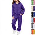 thumbnail image 1 of Girls Boys 2 Piece Sweatsuits Kids' Sweatsuit Set Solid Color Long Sleeve Zip Up Hooded Sweatshirt & Cargo Sweatpants Set,Purple,140, 1 of 7
