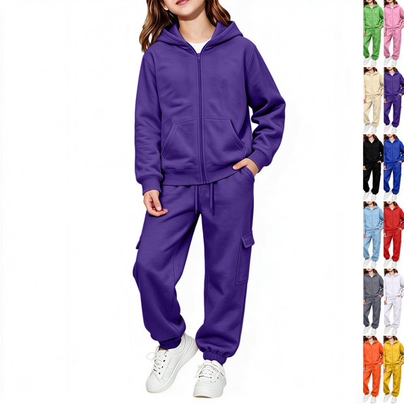 Girls Boys 2 Piece Sweatsuits Kids' Sweatsuit Set Solid Color Long Sleeve Zip Up Hooded Sweatshirt & Cargo Sweatpants Set,Purple,140