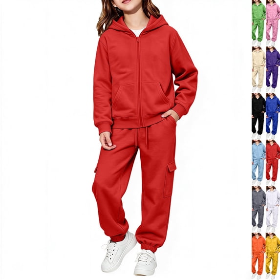 Girls Boys 2 Piece Sweatsuits Kids' Sweatsuit Set Solid Color Long Sleeve Zip Up Hooded Sweatshirt & Cargo Sweatpants Set,Red,90