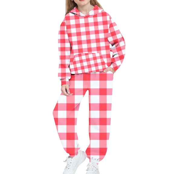 Girls Boys 2 Piece Sweatsuits Sets Hoodie Sweatshirt and Jogger Sweatpants Tracksuit Unisex Kids Sweat Set (14-15 Years, Red|Plaid)