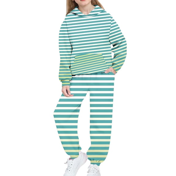 Girls Boys 2 Piece Sweatsuits Sets Hoodie Sweatshirt and Jogger Sweatpants Tracksuit Unisex Kids Sweat Set (4-5 Years, Green|Striped)