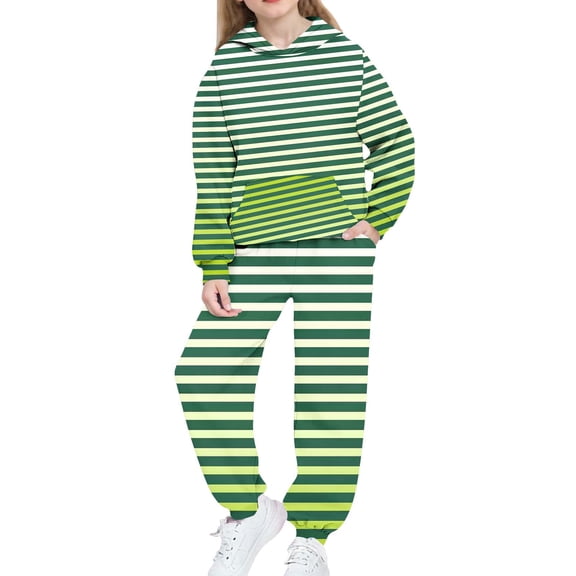 Girls Boys 2 Piece Sweatsuits Sets Hoodie Sweatshirt and Jogger Sweatpants Tracksuit Unisex Kids Sweat Set (8-9 Years, Army Green|Striped)