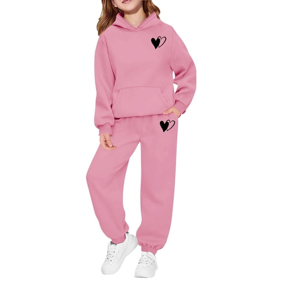Girls Boys 2 Piece Tracksuit Athletic Sweatsuits Sets Heart Printed Hooded Sweatshirt Jogger Pants Outfits Kids Teen Clothes