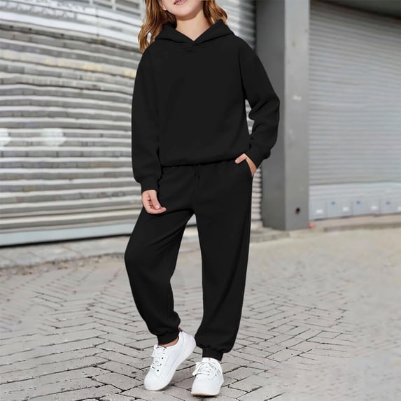 Girls Boys 2 Piece Tracksuit Athletic Sweatsuits Sets, Sport Hooded Sweatshirt and Jogger Sweatpants Clothing Sets for Halloween Christmas(Black,2-3 Years)