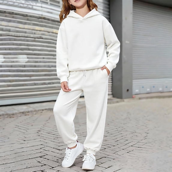 Girls Boys 2 Piece Tracksuit Athletic Sweatsuits Sets, Sport Hooded Sweatshirt and Jogger Sweatpants Clothing Sets for Halloween Christmas(White,8-9 Years)
