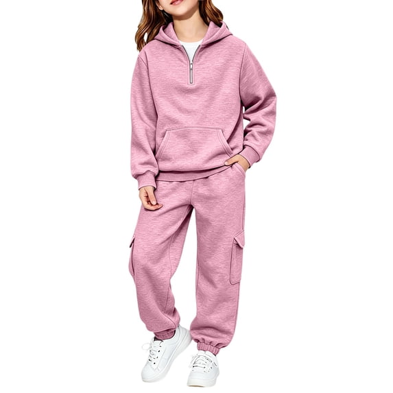 Girls Boys 2 Piece Tracksuit Quarter Zip Pullover Hoodies & Cargo Sweatpants Classic Athletic Sweatsuit Fleece Lined Outfits