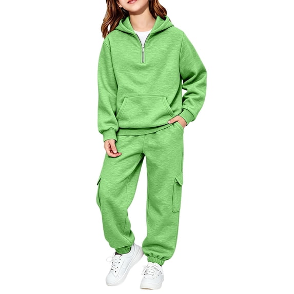 Girls Boys 2 Piece Tracksuit Quarter Zip Pullover Hoodies & Cargo Sweatpants Classic Athletic Sweatsuit Fleece Lined Outfits