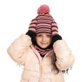 thumbnail image 1 of Girls Boys 3 Piece Hat, Glove & Scarf Sets Fleece Lined Stripe Printed Thermal Warm Winter Pom-Pom Beanies Hats Mittens Neck Gaiters Scarves Set, 1 of 5