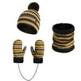 thumbnail image 1 of Girls Boys 3 Piece Hat, Glove & Scarf Sets Fleece Lined Stripe Printed Thermal Warm Winter Pom-Pom Beanies Hats Mittens Neck Gaiters Scarves Set, 1 of 4