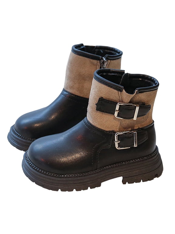 Girls Boys Ankle Boots Buckle Strappy Zip up Waterproof Splice Leather Furry Lined Winter Riding Booties Black Brown Black 2.5 Big Kids