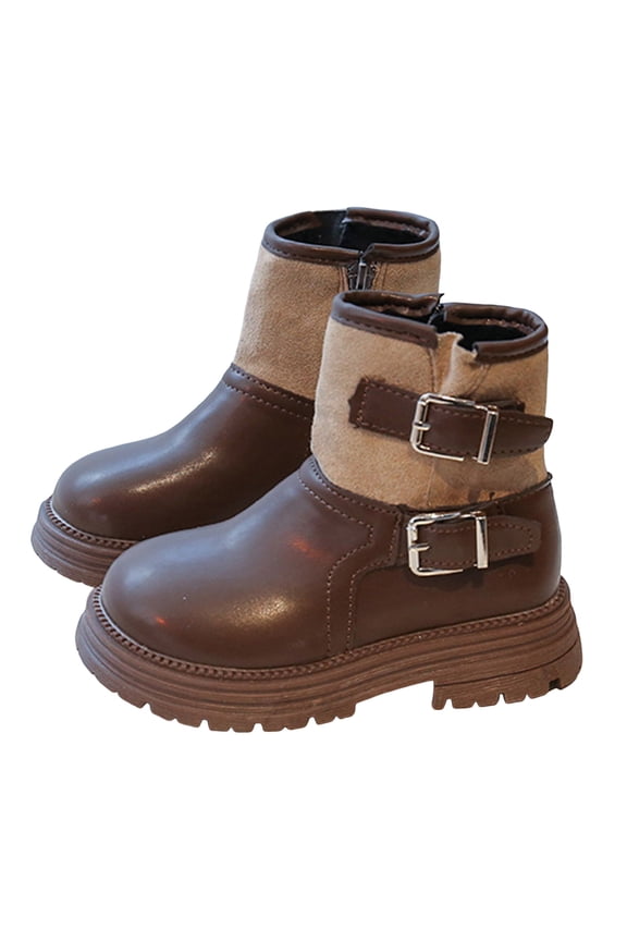 Girls Boys Ankle Boots Buckle Strappy Zip up Waterproof Splice Leather Furry Lined Winter Riding Booties Black Brown Brown 9.5 Toddler