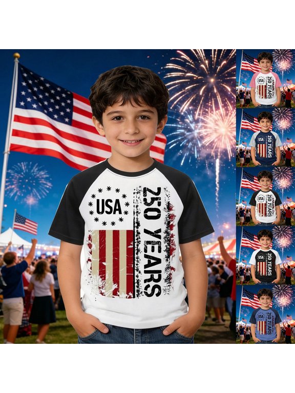 Girls Boys Athletic T-Shirts Kids Boys Summer Short Sleeve USA Patriotic Print Tee Shirt Casual Youth Top Tops for 6-12 Months