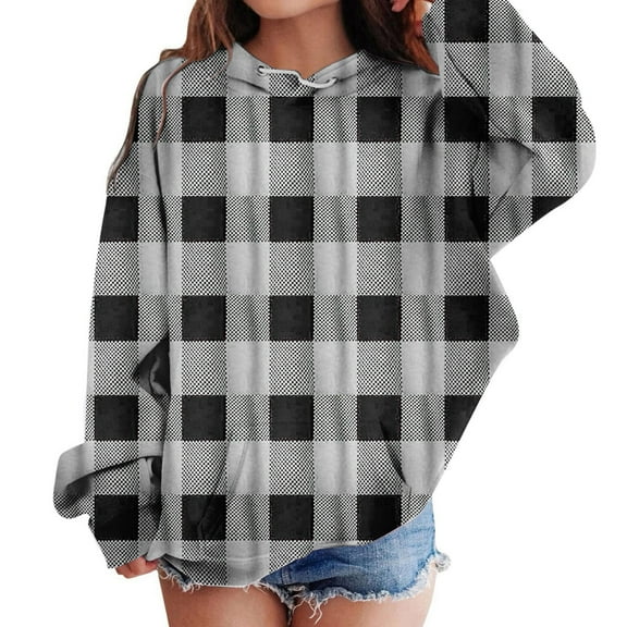 Girls And Boys Autumn And Winter Color Round Neck Long Sleeved Pocket Sports Casual Children Hooded Sweatshirt,children's checkered sweatshirt features regular sleeves, a hooded collar and pockets