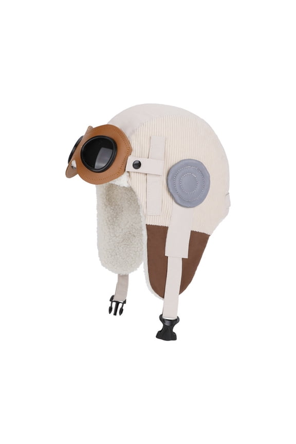Girls Boys Aviator Hat, Plush Lined Ear Flap Hat with Chin Strap, Vintage Style Winter Cap for Skiing, Snowmobiling & Costume Beige 1pcs