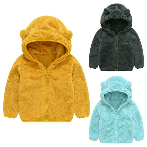 Girls Boys Baby Fleece Hoodies With Ear Hoodie Jacket Zipper Coat Fall Winter Warm Outerwear Toddler Baby Solid Plush Jackets