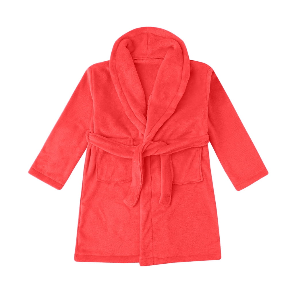 Girls Boys Bathrobes Open Front Long Sleeve Waist Tie Solid Soft Robes