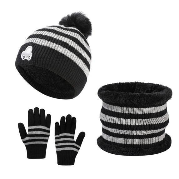 Girls Boys Beanie Mittens Scarf Set Toddler Winter Hat and Gloves Neck Warmer Set Knit Warm with Fleece Lining Pompom Cap Neck Warmer Gloves Fleece Lined Set My Orders Black 1-6 Years