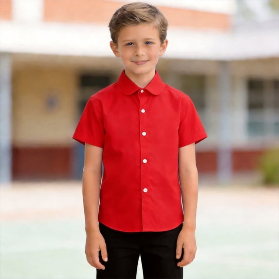 Girls Boys Button Down Shirts Kids Summer Short Sleeve Red Uniform Blouse Beach Vacation Tops 5-6 Years
