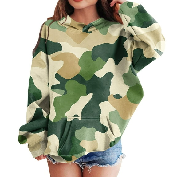 Girls Boys Camo Hoodie Kids Oversized Hooded Sweatshirt Camouflage Casual Pullover Tops with Pockets Green 100