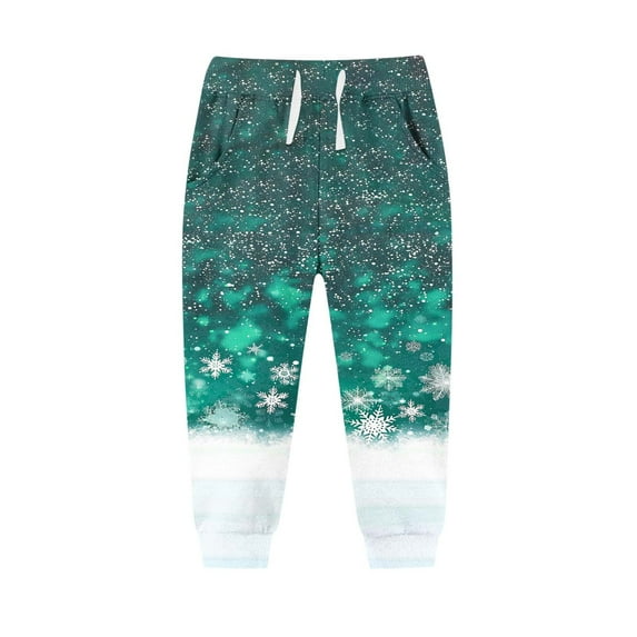 Girls Boys Christmas Pattern Pants Cute Print Elastic Waist Drawstring Long Pant Plus Velvet Padded Warm Soft Trousers with Pockets Light Blue 5-6 Years