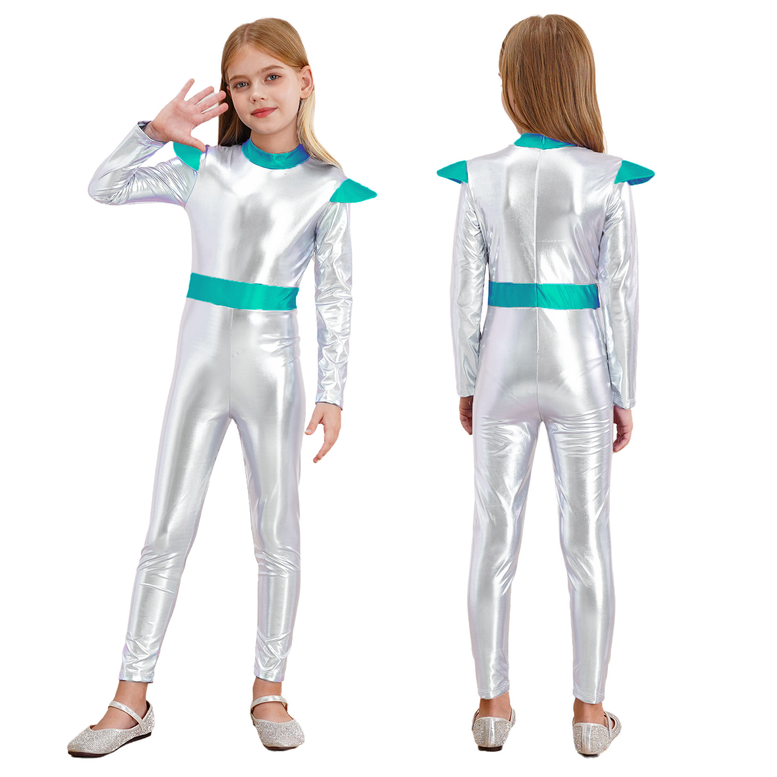 Girls Boys Cosplay Alien Costume Shiny Metallic Full Body Suit Space
