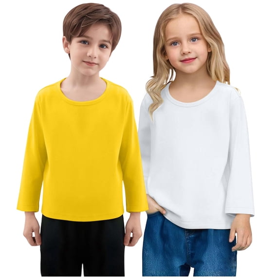 Girls Boys Cotton T Shirts 2 Pack Size 1-11 Casual Long Sleeve Tops Unisex Tweens Pullover Solid Color Basic Comfort Crewneck Tees Top