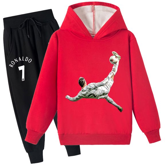 Girls Boys Cristiano Ronaldo Winter Brushed Warm Fleece Hooded Sweatshirt Pullover Kids Outfit Sets
