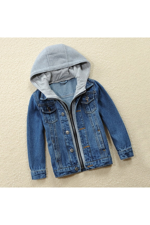 Girls' Boys' Denim Jacket Outerwear Classic Trucker Hooded Jeans Jackets Zipper Coat for Kids and Youth Blue 13-14 Years