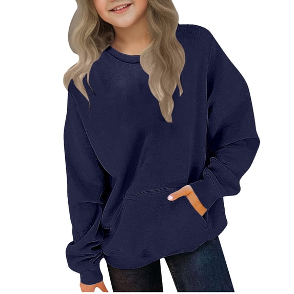 Girls Boys Fashion Sweatshirt Child Solid Color Long Sleeve Crewneck Basic Pullover Tops with Pockets Large Sweatshirts for Girl Oversized Navy 140