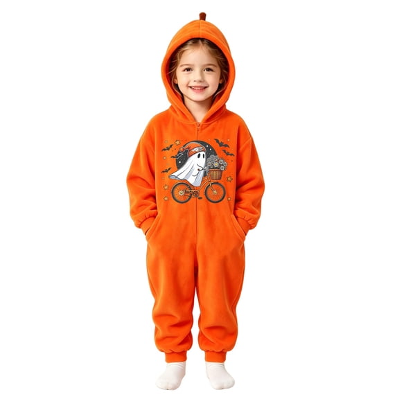 Girls & Boys Flannel Halloween Costume, Long Sleeve Onesie Hooded Ghost Pattern Zip Jumpsuit for Trick-or-Treat Dark Gray 130
