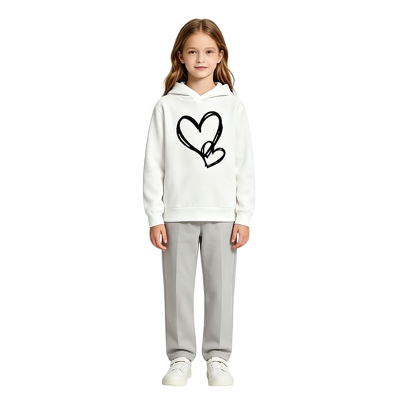Girls Boys Fleece Sweatsuit Pullover Hooded Sweatshirt & Jogger Sweatpants Cute Heart Graphic Outfits Lightweight Tracksuit
