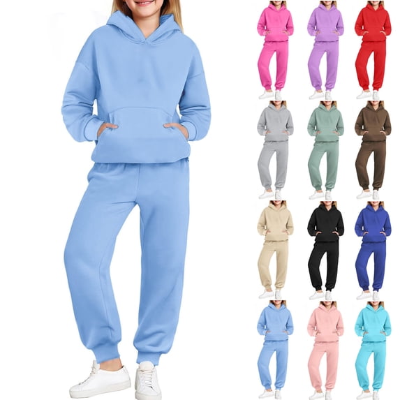 Girls Boys Fleece Sweatsuit Set Pullover Hooded Swaetshirt And Elastic Bottom Jogger Kids Lightweight Fall Tracksuit 3-15 Years