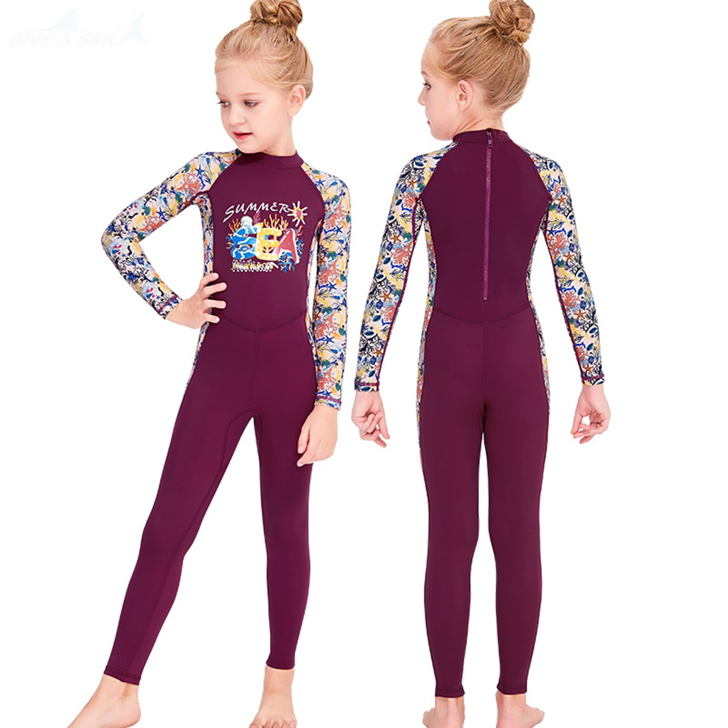 Girls Boys Full Body Swimsuit Long Sleeves One Piece Wetsuit
