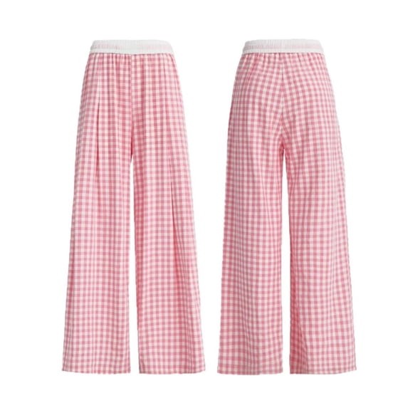 Girls Boys Gingham Wide Leg Pants Elastic High Waist Drawstring Waist Loose Long Cotton Pants Plaid Print Picnic Walking Yellow 1-2Years