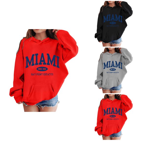Girls Boys Graphic Hooded Sweatshirt, Long Sleeve Soft Pullover Top with Pockets, Trendy Miami Letter Printed Casual Kids Clothes, Cute Preppy Tops