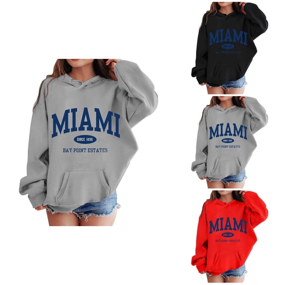 Girls Boys Graphic Hooded Sweatshirt, Long Sleeve Soft Pullover Top with Pockets, Trendy Miami Letter Printed Casual Kids Clothes, Cute Preppy Tops