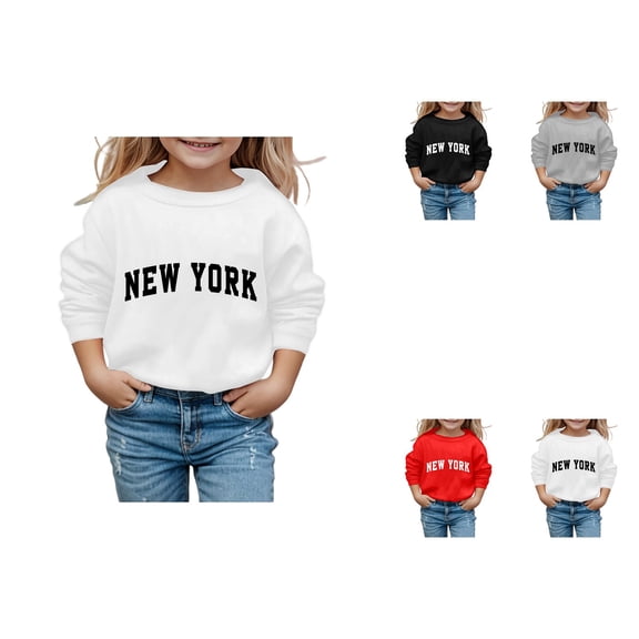 Girls Boys Graphic Hooded Sweatshirt, Soft Long Sleeve Pullover Top for Kids 3-12 Years, Casual Loose Fit Crew Neck Sweatshirt, New York Letter Print Fashionable Kids' Clothing