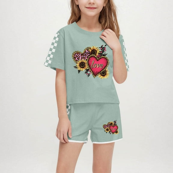 Girls Boys Graphic Tracksuit Sets 2 Piece Outfits Letter Print Vacation Tee Top and Drawstring Waist Shorts Army Green 13-14 Years