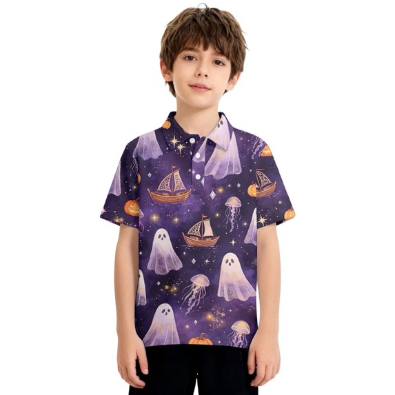 Girls Boys Halloween Polo Shirts Pumpkin Ghost Graphic T-Shirts Button Up Short Sleeve T Shirts for Kids Halloween Tops 2-13 Years