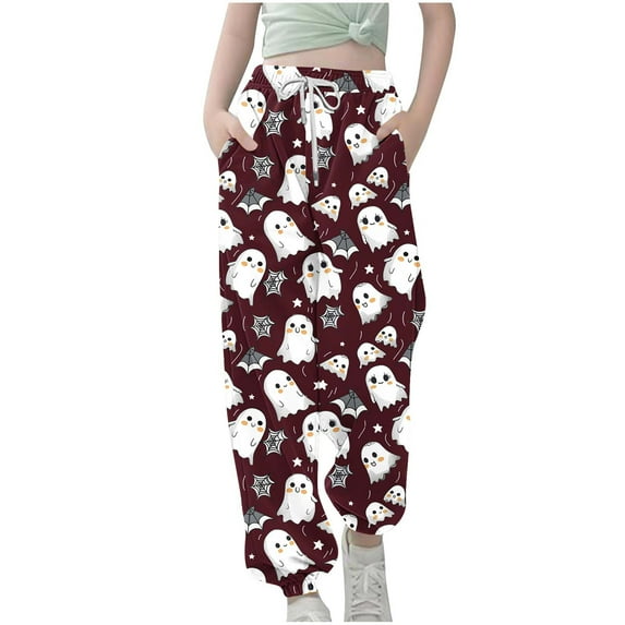 Girls and Boys Halloween Print Wide Leg Sweatpants Baggy Straight Loose Sweat Pants High Waist Causal Kids Athletic Pants with Pockets Wine 11-12 Years