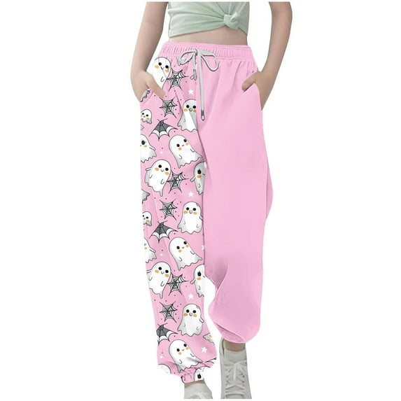 Girls Boys Halloween Printed Sweatpants Child Drawstring Elastic Waisted Baggy Joggers Athletic Sports Trousers with Pockets 11-12Y